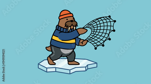 Cute walrus character fishing with net on ice floe.
