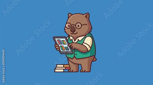 Cute Wombat Character Reading a Book.