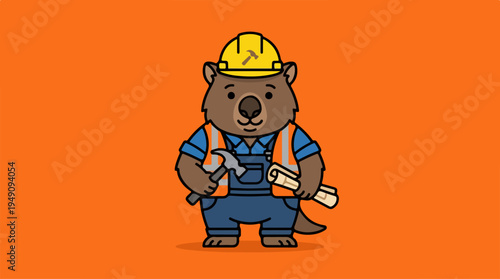 Cute Wombat Construction Worker with Hammer and Blueprints.
