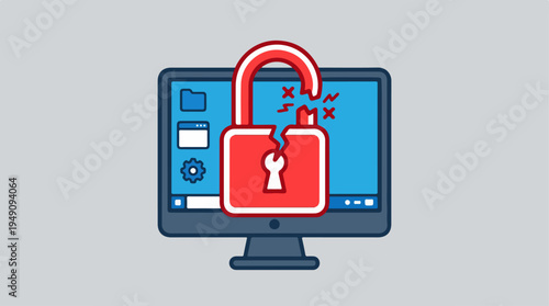Cybersecurity breach concept with broken padlock on computer screen.