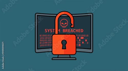 Cybersecurity Breach - Unlocked Padlock and Hacked Computer System.