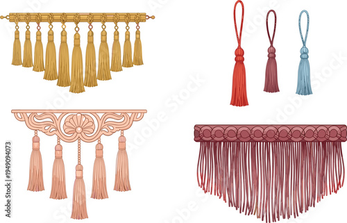 Tassel and Curtain Designs Vector Set Featuring Decorative Fringe, Tassels, and Elegant Drapery for Home Decor and Interior Styling