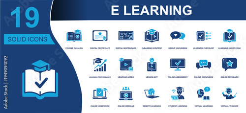 E learning icon set. Containing course catalog, digital certificate, learning video, online assignment, online webinar, remote learning, virtual teacher and more. Solid fill vector icons