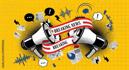 Breaking news announcement with megaphones and media icons.