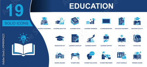 Education icon set. Containing academic progress, classroom, graduation cap, open book, school bag, student mentoring, study schedule, training course and more. Solid fill vector icons