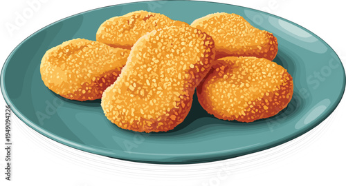 Crispy Nuggets on Plate Vector Illustration Featuring Golden and Crunchy Coated Snacks for Fast Food and Casual Dining