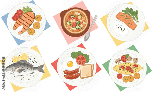 Breakfast and Dinner Meals Vector Set Featuring Salmon, Fish, Eggs, Sausages, and Healthy Plates for Nutritious Dining and Meal Prep