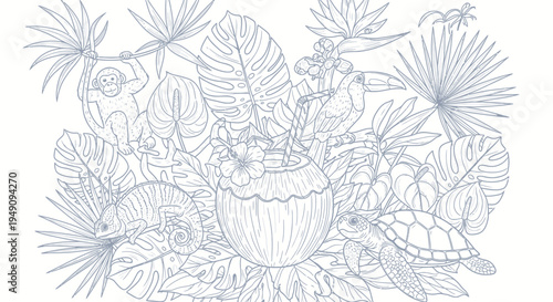 Turtle surrounded by tropical plants and flowers.