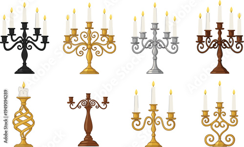 Candle Holders and Candelabras Vector Set Featuring Elegant Brass, Silver, and Wooden Designs for Home Decor and Interior Design