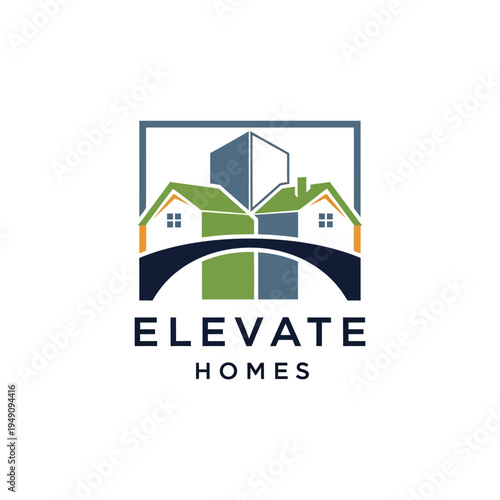 Modern Houses on Arched Structure Logo for Elevate Homes on Isolated White Background