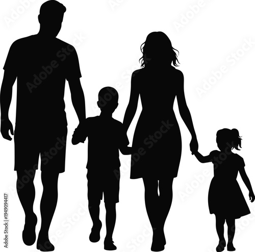 Family walking silhouettes illustration, parents and children holding hands, togetherness bonding concept, unity support, lifestyle design, generational connection vector artwork