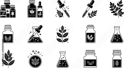 Herbal Tinctures and Essential Oils Vector Set Featuring Bottles, Droppers, and Herbal Extracts for Natural Healing and Aromatherapy