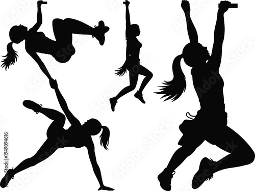 Climbing athletic silhouettes illustration, dynamic sports poses, strength agility balance, fitness training, motion concept, adventure lifestyle, vector design artwork