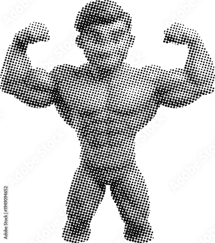 Halftone illustration of a muscular man flexing his arms and showing his biceps in a confident pose on white background  strong guy