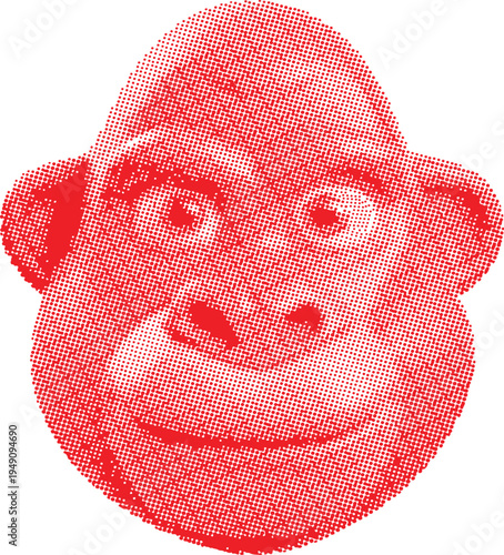 Halftone illustration of a monkeys face wide smile and expressive eyes in red dots on white background