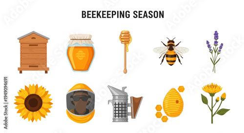 Flat design icons illustrating beekeeping season elements including equipment and natural items