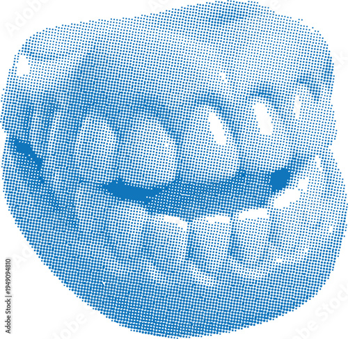 Halftone illustration of a smiling mouth with visible teeth on white background