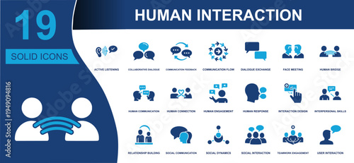 Human interaction icon set. Containing active listening, dialogue, communication, connection, engagement, response, teamwork, relationship, social dynamics and more. Solid fill vector icons