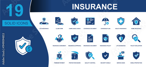 Insurance icon set. Containing car insurance, claim form, coverage plan, health insurance, home insurance, life insurance, policy, premium, shield, protection and more. Solid vector icons