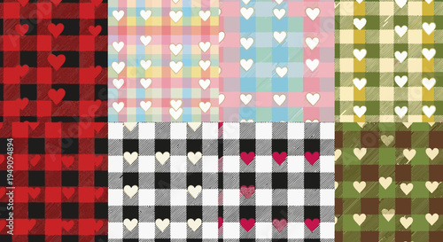 Colorful heart pattern designs on fabrics.