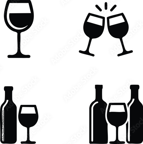Wine Bottle and Glass Silhouette Set, vector, illustration, silhouette.