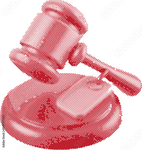 Red halftone gavel and sound block icon for law and justice concepts  used for graphic design and editorial purposes