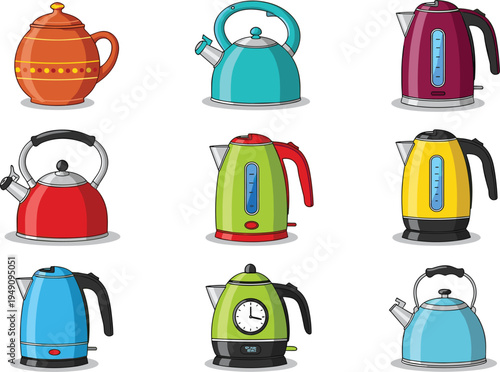Electric and Traditional Kettle Vector Set Featuring Colorful Teapots and Electric Tea Kettles for Kitchen Appliances and Tea Brewing