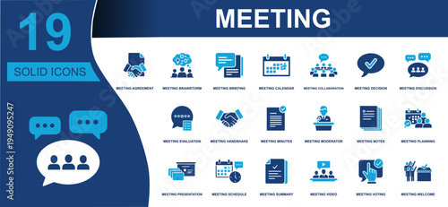 Meeting icon set. Containing meeting agreement, brainstorming, calendar, collaboration, discussion, notes, planning, summary, voting, presentation and more. Solid fill vector icons