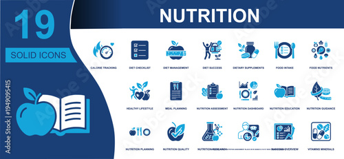 Nutrition icon set. Containing calorie tracking, diet checklist, meal planning, food intake, nutrition dashboard, vitamins, minerals, healthy lifestyle and more. Solid vector icons