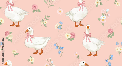 whimsical white ducks with pink bows.