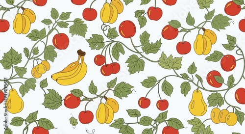 Vibrant Seamless Pattern with Fresh Cherries, Pears, and Bananas on Vines with Green Leaves on a White Background