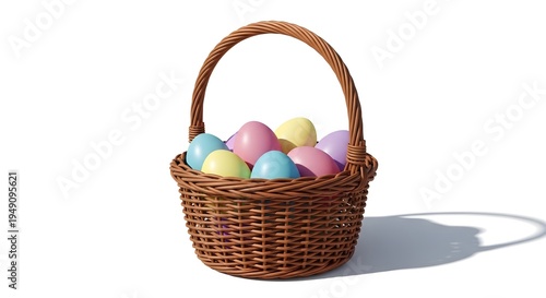 Easter basket filled with colorful eggs on white background for springtime and holiday celebrations