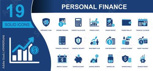 Personal finance icon set. Containing emergency fund, expense tracking, monthly budget, savings account, loan repayment, investment plan, wallet, report and more. Solid fill vector icons