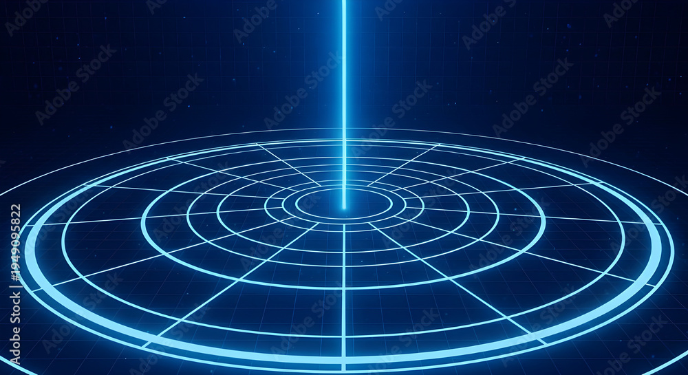 Fototapeta premium A technology poster with concentric circles and radial lines forming radar scanning interface, bright vertical blue beam on dark background, futuristic detection system template, generated by AI.