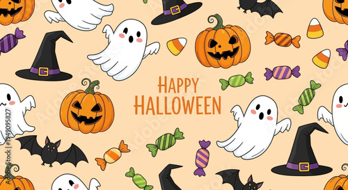 Halloween themed background with candies and ghosts.