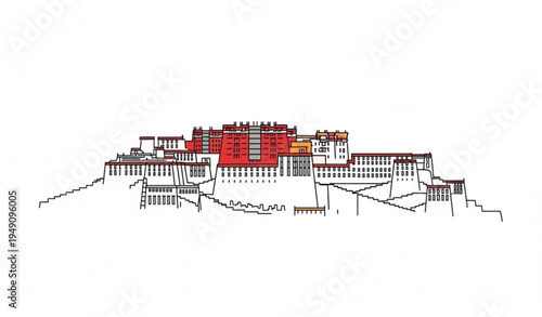 Potala Palace Lhasa Tibet Thin Line Landmark Architecture Vector Illustration