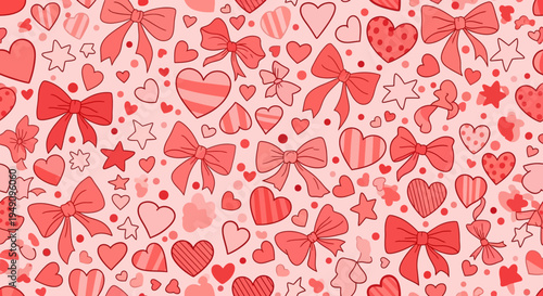 A vibrant pattern of red hearts and bows.