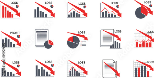Loss and Decline Icon Set with Bar Charts, Pie Graphs, and Financial Trends