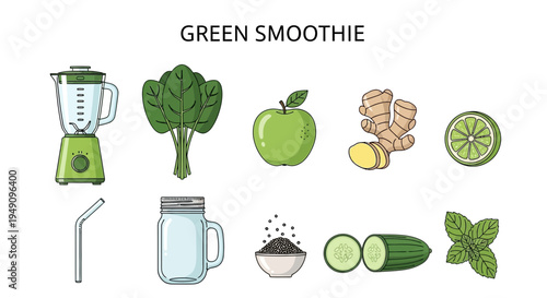 Illustration of ingredients and tools for a green smoothie centered on a white background
