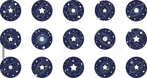 Cosmic Star and Planet Circular Icons Set with Galactic Illustrations and Nebula Effects