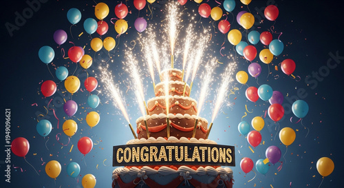 A colorful celebration scene with a congratulations cake and balloons