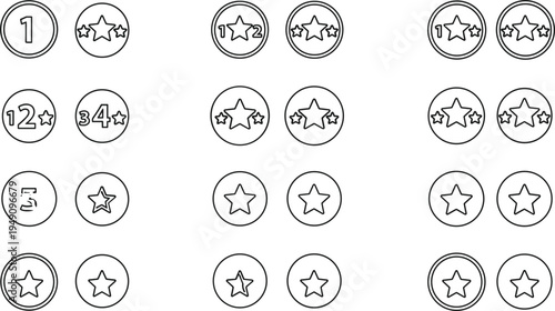 Circular Number and Star Rating Icons Set with Stars, Numbers, and Reviews