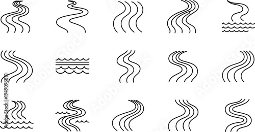 Wavy Line Icon Set with Water, Waves, and Fluid Motion Illustrations