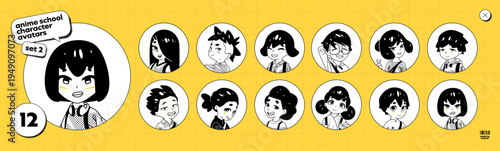 School Avatar Children Comic Character for Student Education, with a Happy Anime Girl and Boy Kid in Playful Kindergarten Play. Cute Cartoon Manga Teenage Child In Uniform with Backpack, Smiling.