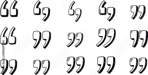 Quotation Marks Illustration Set with Different Styles and Shapes in Black and White