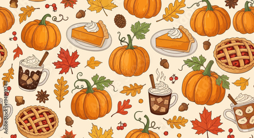 Autumn food and drink seamless pattern.