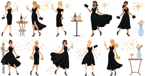 Glamorous Party Fashion Illustration Set with Women in Little Black Dresses, Champagne, and Celebration Accessories