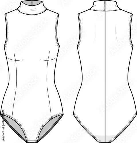 Mock neck sleeveless bodysuit technical fashion sketch, front and back view, apparel design, CAD flat vector illustration for clothing template