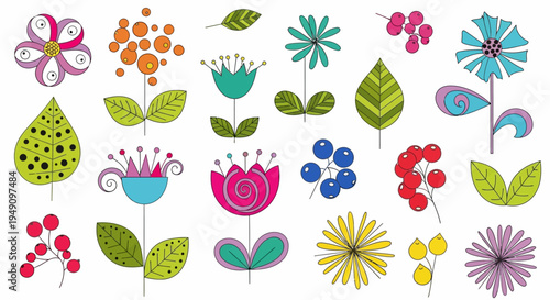 Colorful illustration of various flowers and leaves.