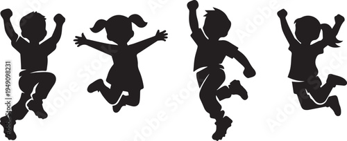 Group of jumping children silhouettes, celebrating success
